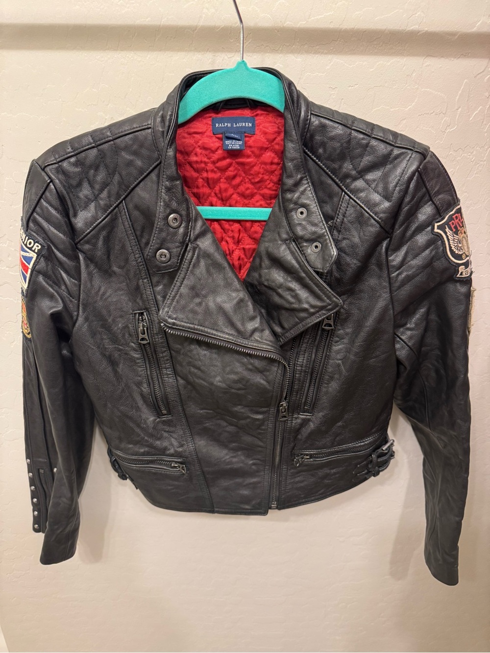Ralph Lauren Kids distressed Black Leather Moto Jacket with Red Quilted Lining